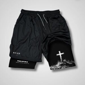 SAVD Black Dual-Layer Graphic Cross Athletic Shorts
